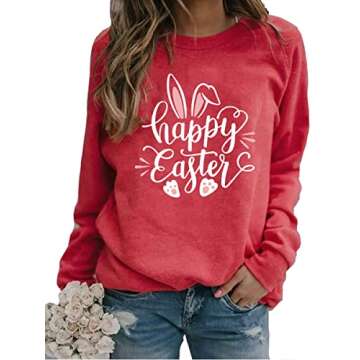 Ykomow Happy Easter Sweatshirt Women Long Sleeve Cute Bunny Rabbit Graphic Tees Pullover (M, Red)