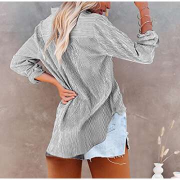 OMSJ Women's Stylish Striped Button Down Shirt with Pockets