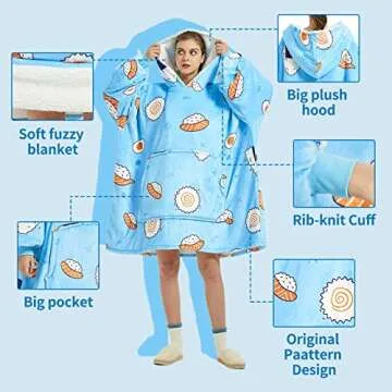 Wearable Blanket Sweatshirt for Women and Men, Super Warm and Cozy Big Blanket Hoodie, Thick Flannel Blanket with Sleeves & Giant Pocket, Sushi