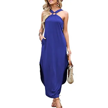 ANRABESS Womens Summer Casual Halter Maxi Dress Split Side Long Beach Sundress 2024 Travel Vacation Outfits with Pockets Blue Small