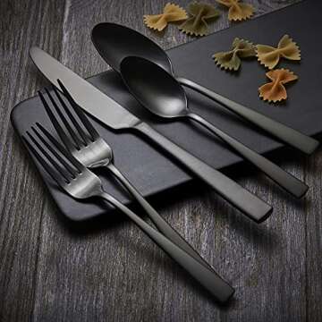 20 Piece Matte Black Silverware Set, Ornative Rena Flatware Service for 4, Includes Knives, Forks, Spoons, Food Grade Stainless Steel Utensil Set for Home Kitchen Restaurant, Dishwasher Safe