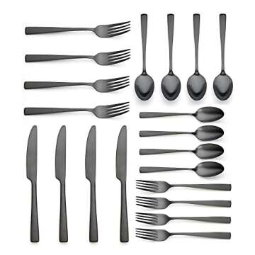 20 Piece Matte Black Silverware Set, Ornative Rena Flatware Service for 4, Includes Knives, Forks, Spoons, Food Grade Stainless Steel Utensil Set for Home Kitchen Restaurant, Dishwasher Safe