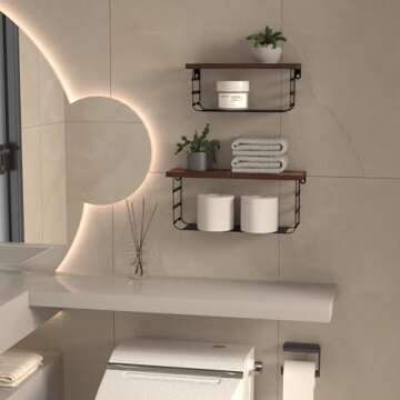 Lavezee 2 Tier Wall Mounted Shelf Set of 2, Wall Floating Shelves with Black Metal for Bathroom, Bedroom, Living Room, Laundry Room, Kitchen, Garage