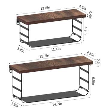 Lavezee 2 Tier Wall Mounted Shelf Set of 2, Wall Floating Shelves with Black Metal for Bathroom, Bedroom, Living Room, Laundry Room, Kitchen, Garage
