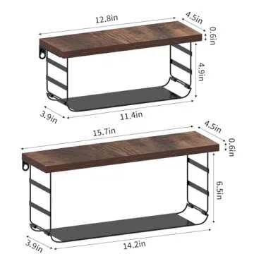 Lavezee 2 Tier Wall Mounted Shelf Set of 2, Wall Floating Shelves with Black Metal for Bathroom, Bedroom, Living Room, Laundry Room, Kitchen, Garage