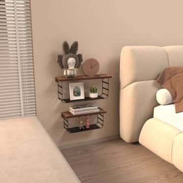 Lavezee 2 Tier Wall Mounted Shelf Set of 2, Wall Floating Shelves with Black Metal for Bathroom, Bedroom, Living Room, Laundry Room, Kitchen, Garage