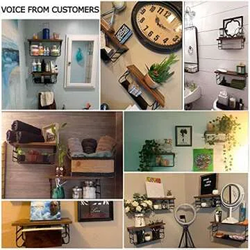 Lavezee 2 Tier Wall Mounted Shelf Set of 2, Wall Floating Shelves with Black Metal for Bathroom, Bedroom, Living Room, Laundry Room, Kitchen, Garage