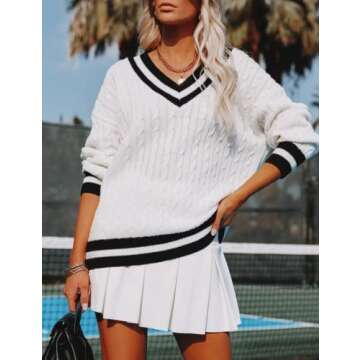 InterNos Women's Casual V Neck Long Sleeve Sweater Trendy Striped Pullover Cable Knit Preppy Sweaters(0132-White-S)