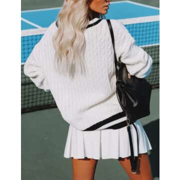 InterNos Women's Casual V Neck Long Sleeve Sweater Trendy Striped Pullover Cable Knit Preppy Sweaters(0132-White-S)