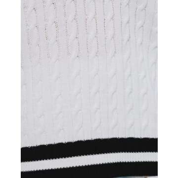 InterNos Women's Casual V Neck Long Sleeve Sweater Trendy Striped Pullover Cable Knit Preppy Sweaters(0132-White-S)