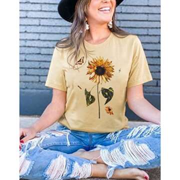 Sunflower Graphic Tshirts for Women Cute Butterfly Flower Print Summer Teen Girls Clothes Short Sleeve School Tops (M, Cream-2)