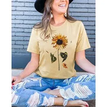 Sunflower Graphic Tshirts for Women Cute Butterfly Flower Print Summer Teen Girls Clothes Short Sleeve School Tops (M, Cream-2)
