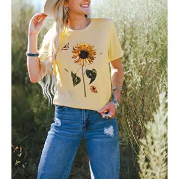 Sunflower Graphic Tshirts for Women Cute Butterfly Flower Print Summer Teen Girls Clothes Short Sleeve School Tops (M, Cream-2)