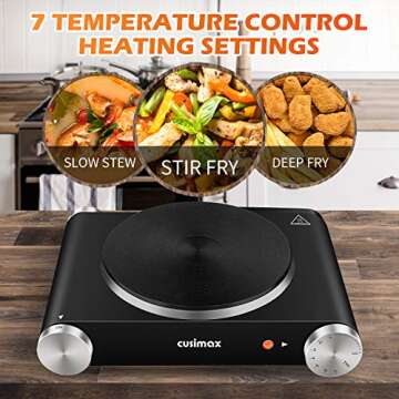 CUSIMAX Electric Burner Hot Plate for Cooking Cast Iron hot plates, Adjustable Temperature Control, Non-Slip Rubber Feet Stainless Steel Easy to Clean, Your Kitchen Assistant