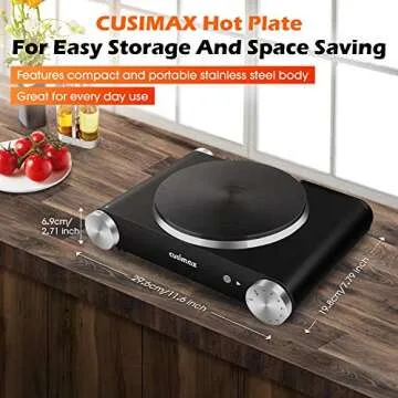 CUSIMAX Electric Burner Hot Plate for Cooking Cast Iron hot plates, Adjustable Temperature Control, Non-Slip Rubber Feet Stainless Steel Easy to Clean, Your Kitchen Assistant