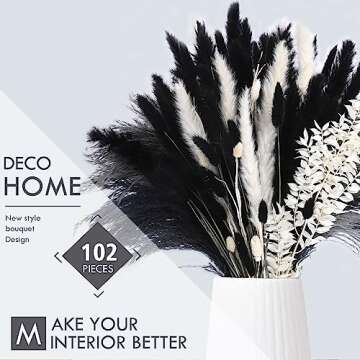 102PCS Black Pampas Grass Decor, Black Grey White Natural Dried Pampas Grass Bulk, Boho Home Decor B...