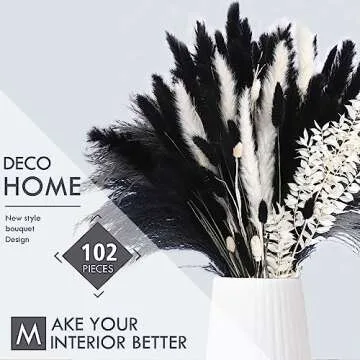 102PCS Black Pampas Grass Decor, Black Grey White Natural Dried Pampas Grass Bulk, Boho Home Decor B...