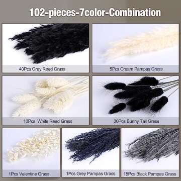 102PCS Black Pampas Grass Decor, Black Grey White Natural Dried Pampas Grass Bulk, Boho Home Decor Bouquet, Black and White Dried Flowers Decor, Halloween Wedding Floral Arrangements Vases Decor