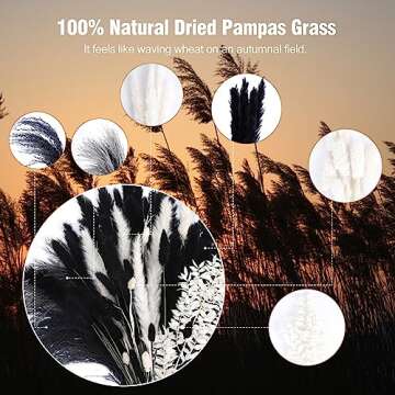 102PCS Black Pampas Grass Decor, Black Grey White Natural Dried Pampas Grass Bulk, Boho Home Decor Bouquet, Black and White Dried Flowers Decor, Halloween Wedding Floral Arrangements Vases Decor