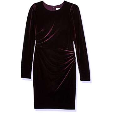 Calvin Klein Women's Long Sleeve Velvet Sheath with Draping Detail, Aubergine, 2 Petite