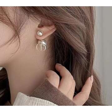 CD earrings cd Pearl Stud Earrings D Earrings Initial Letter Earrings