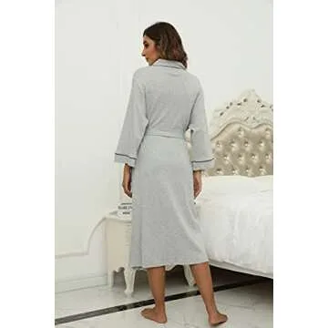 HEARTNICE Womens Cotton Robe, Soft Kimono Spa Knit Long Bathrobe Lightweight Loungewear(Grey mel.,L)