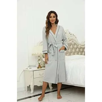 HEARTNICE Womens Cotton Robe, Soft Kimono Spa Knit Long Bathrobe Lightweight Loungewear(Grey mel.,L)
