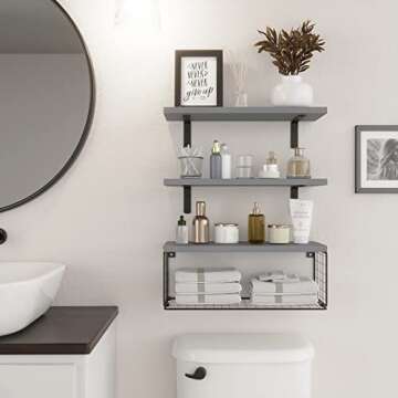 WOPITUES Bathroom Shelves Over Toilet, Grey Floating Bathroom Shelves Wall Mounted with Wire Basket, Wood Floating Shelf for Wall Décor, Bathroom Wall Décor Shelves, Wall Shelves for Bathroom - Grey
