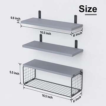 WOPITUES Bathroom Shelves Over Toilet, Grey Floating Bathroom Shelves Wall Mounted with Wire Basket, Wood Floating Shelf for Wall Décor, Bathroom Wall Décor Shelves, Wall Shelves for Bathroom - Grey