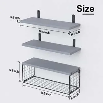 WOPITUES Bathroom Shelves Over Toilet, Grey Floating Bathroom Shelves Wall Mounted with Wire Basket, Wood Floating Shelf for Wall Décor, Bathroom Wall Décor Shelves, Wall Shelves for Bathroom - Grey