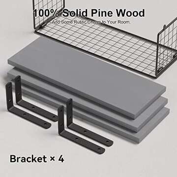 WOPITUES Bathroom Shelves Over Toilet, Grey Floating Bathroom Shelves Wall Mounted with Wire Basket, Wood Floating Shelf for Wall Décor, Bathroom Wall Décor Shelves, Wall Shelves for Bathroom - Grey