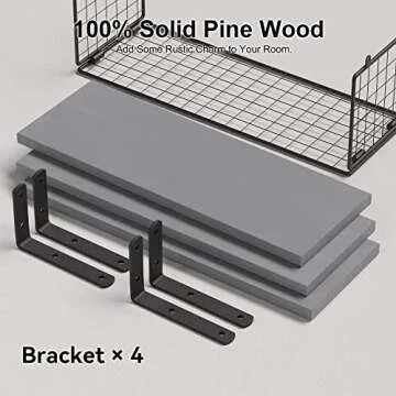 WOPITUES Bathroom Shelves Over Toilet, Grey Floating Bathroom Shelves Wall Mounted with Wire Basket, Wood Floating Shelf for Wall Décor, Bathroom Wall Décor Shelves, Wall Shelves for Bathroom - Grey