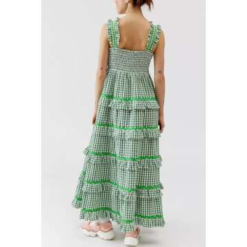 Yiulangde Boho Flowy Summer Dresses Sundresses for Women 2024 Gingham Smocked Off Shoulder Tie Strap Tiered Beach Maxi Dress Green Plaid