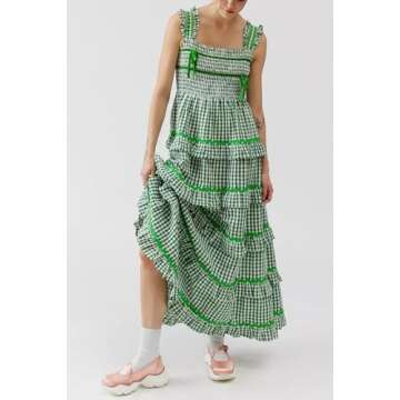 Yiulangde Boho Flowy Summer Dresses Sundresses for Women 2024 Gingham Smocked Off Shoulder Tie Strap Tiered Beach Maxi Dress Green Plaid