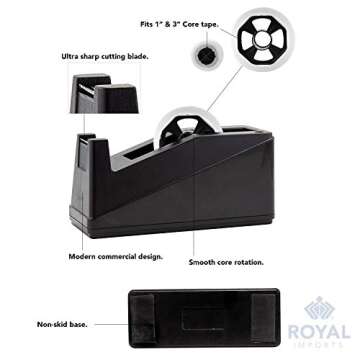 Royal Imports Desktop Tape Dispenser Adhesive Roll Holder (Fits 1" & 3" Core) Heavy Duty Premium for Office, Home, School, Library, Crafts, Moving, Giftwrapping with Weighted Nonskid Base, Black