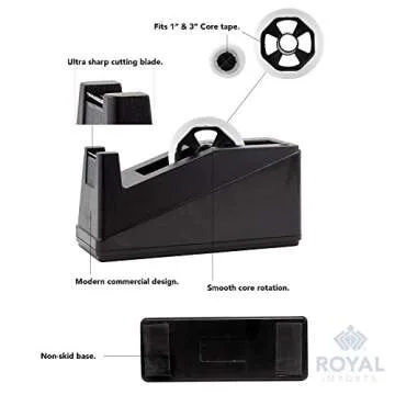 Royal Imports Desktop Tape Dispenser Adhesive Roll Holder (Fits 1" & 3" Core) Heavy Duty Premium for Office, Home, School, Library, Crafts, Moving, Giftwrapping with Weighted Nonskid Base, Black