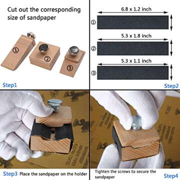 Boomcat Hand Sanding Block,Wooden Sandpaper Block,3pcs sander holder for wood,crafts.​Natural Handmade hook and loop block,woodworking tools,leather edge burnishing tool.Crafts tools