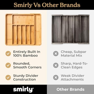 SMIRLY Bamboo Kitchen Drawer Organizer for Utensils & Silverware