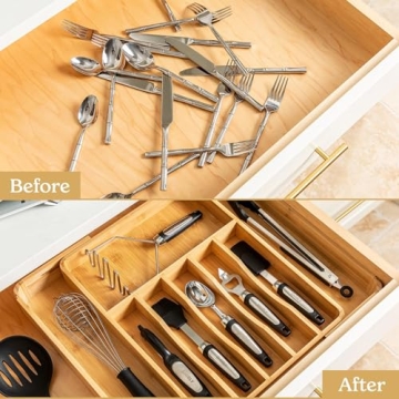 SMIRLY Bamboo Kitchen Drawer Organizer for Utensils & Silverware
