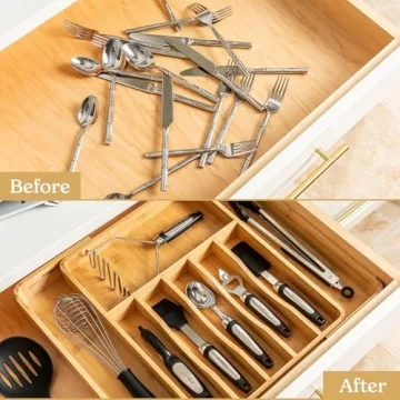 SMIRLY Bamboo Kitchen Drawer Organizer for Utensils & Silverware