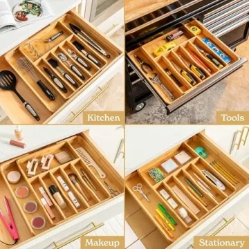 SMIRLY Bamboo Kitchen Drawer Organizer for Utensils & Silverware