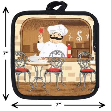 3 Piece Lightweight Decorative Kitchen Décor Set Includes 2 Potholders and 1 Oven Mitt (Italian Chef)