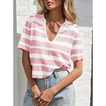 Saodimallsu Womens Cropped Striped Sweater Top Summer Short Sleeve V Neck Collared Going Out Trendy Loose Polo Shirt Pink