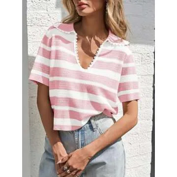 Saodimallsu Womens Cropped Striped Sweater Top Summer Short Sleeve V Neck Collared Going Out Trendy Loose Polo Shirt Pink