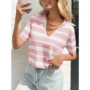 Saodimallsu Womens Cropped Striped Sweater Top Summer Short Sleeve V Neck Collared Going Out Trendy Loose Polo Shirt Pink