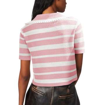 Saodimallsu Womens Cropped Striped Sweater Top Summer Short Sleeve V Neck Collared Going Out Trendy Loose Polo Shirt Pink
