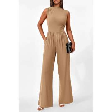 PRETTYGARDEN Womens Summer Jumpsuits Dressy Casual One Piece Outfits Sleeveless Mock Neck Wide Leg Pants Rompers with Pockets (Style2-Camel,Medium)