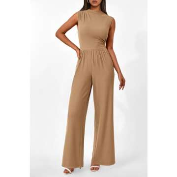 PRETTYGARDEN Womens Summer Jumpsuits Dressy Casual One Piece Outfits Sleeveless Mock Neck Wide Leg Pants Rompers with Pockets (Style2-Camel,Medium)