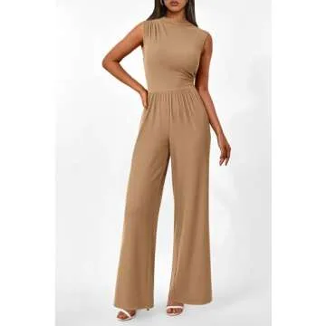 PRETTYGARDEN Womens Summer Jumpsuits Dressy Casual One Piece Outfits Sleeveless Mock Neck Wide Leg Pants Rompers with Pockets (Style2-Camel,Medium)