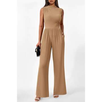 PRETTYGARDEN Womens Summer Jumpsuits Dressy Casual One Piece Outfits Sleeveless Mock Neck Wide Leg Pants Rompers with Pockets (Style2-Camel,Medium)